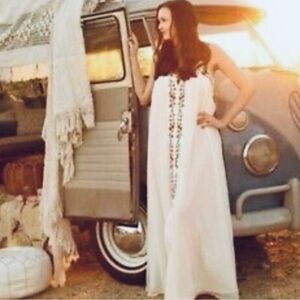 Bohemian Minimalist Embroidered Gauze Strappy Lace Up Maxi Dress
Size Small